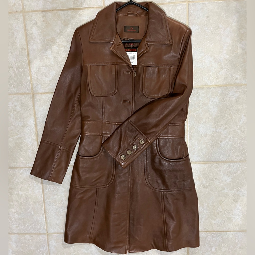 Chestnut Brown Preppy Long Leather Jacket